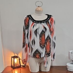 Women's Geometric Print Blouse - Black, White, Orange Sheer. Sz Med